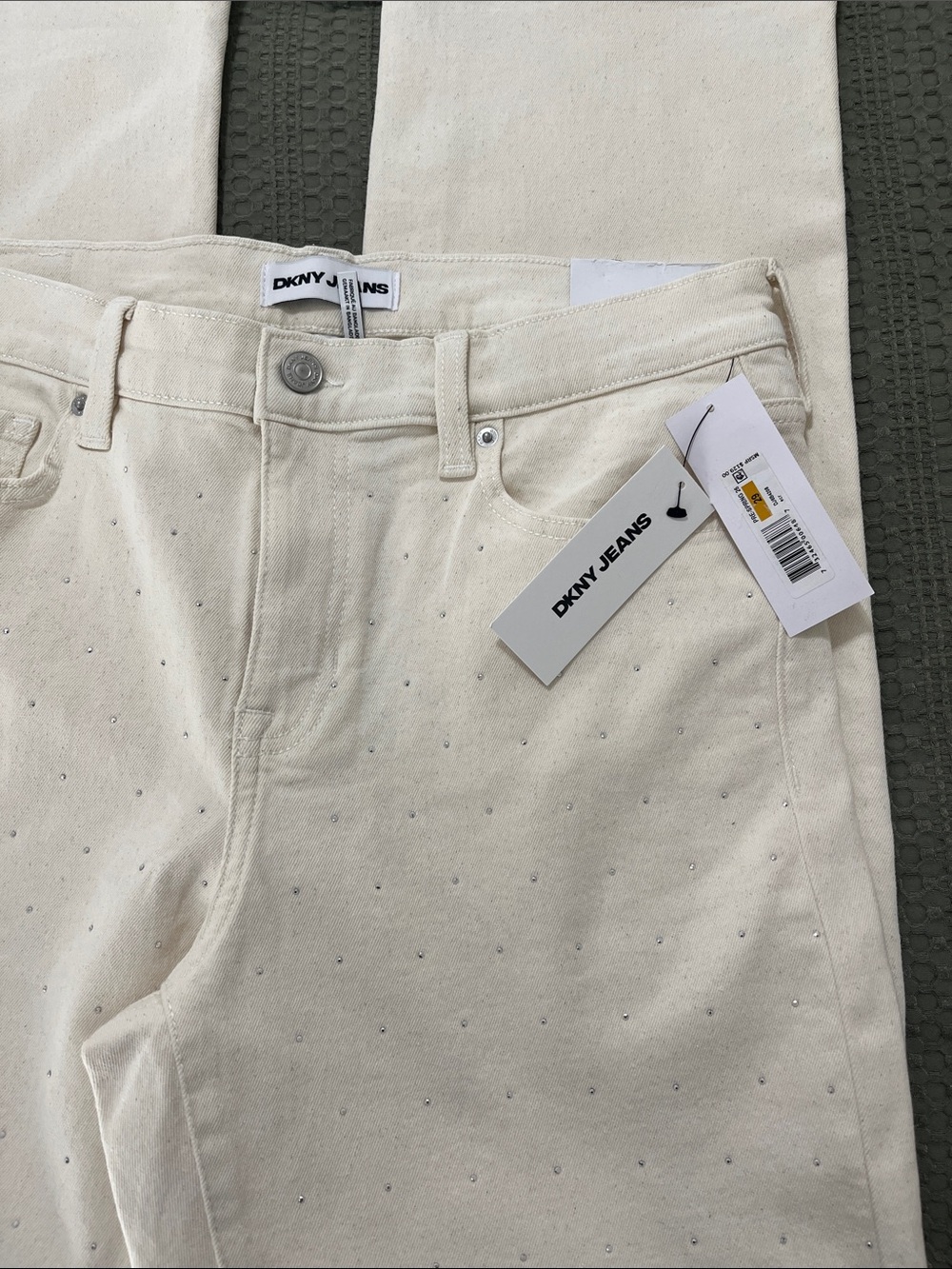 DKNY Cream Mid Rise Classic Straight Rhinestone Jeans